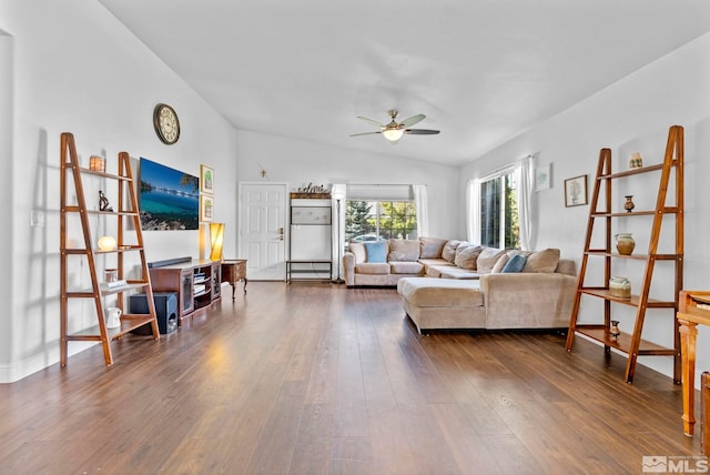 living room with ceiling fan, dark hardwood / wood-style flooring, and lofted ceiling