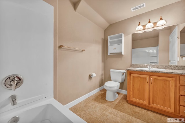 full bathroom with toilet, vanity, visible vents, vaulted ceiling, and baseboards