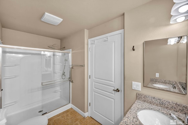 full bathroom featuring a shower stall, vanity, and tile patterned floors