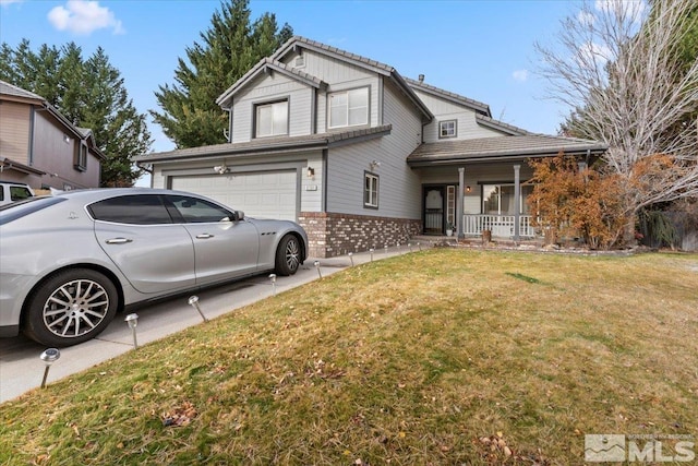 view of home's exterior featuring a garage, covered porch, and a yard