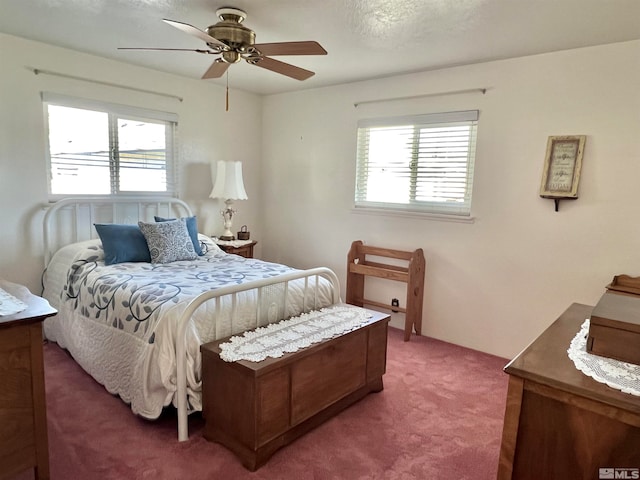 carpeted bedroom featuring multiple windows, ceiling fan, and a textured ceiling