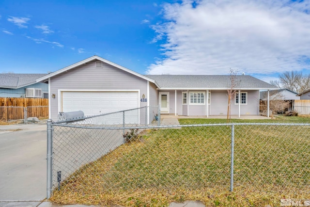 single story home featuring a front lawn and a garage