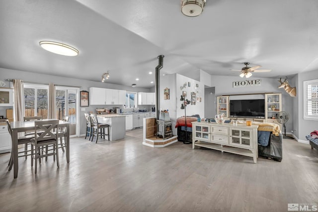 living room featuring ceiling fan, light wood-type flooring, and a wood stove