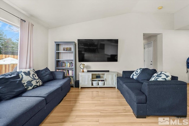 living room with light hardwood / wood-style floors and lofted ceiling