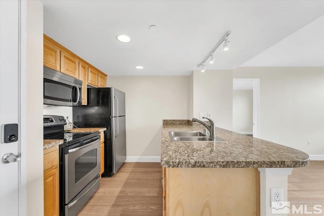 kitchen with light brown cabinets, stainless steel appliances, light hardwood / wood-style floors, and sink