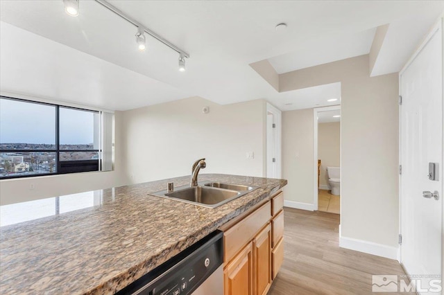 kitchen with sink, stainless steel dishwasher, dark stone counters, track lighting, and light hardwood / wood-style floors