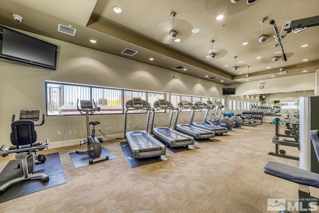 workout area with a raised ceiling and light colored carpet