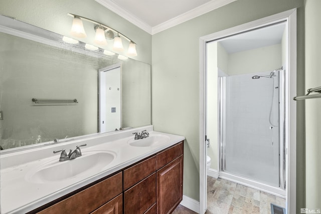 bathroom with crown molding, wood-type flooring, an enclosed shower, toilet, and vanity