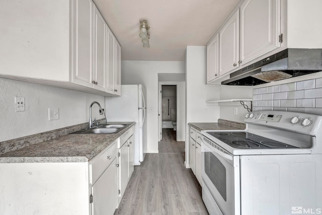 kitchen with sink, white cabinetry, white range with electric stovetop, and light hardwood / wood-style flooring