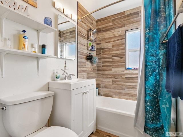 full bathroom with wood-type flooring, vanity, toilet, and shower / bathtub combination with curtain