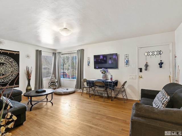 living room with a textured ceiling and light wood-type flooring