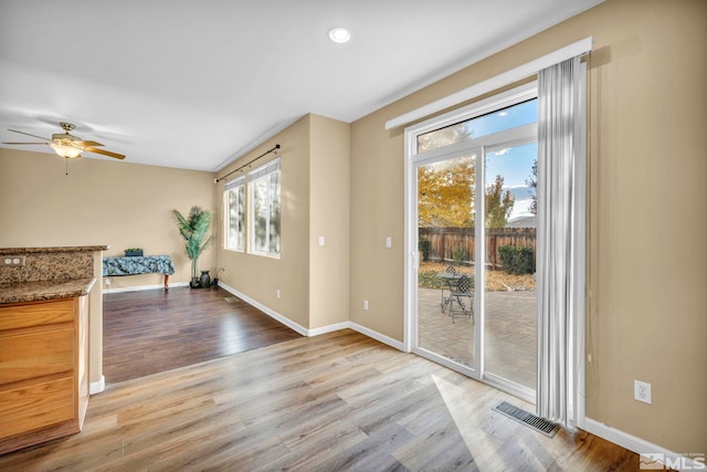 interior space with light hardwood / wood-style flooring, plenty of natural light, and ceiling fan