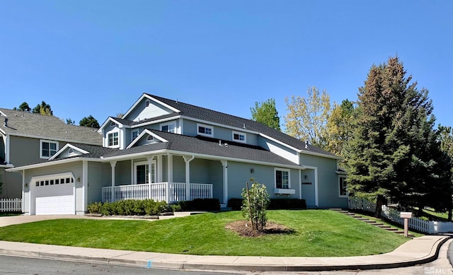 view of front of property featuring a garage, a porch, and a front yard