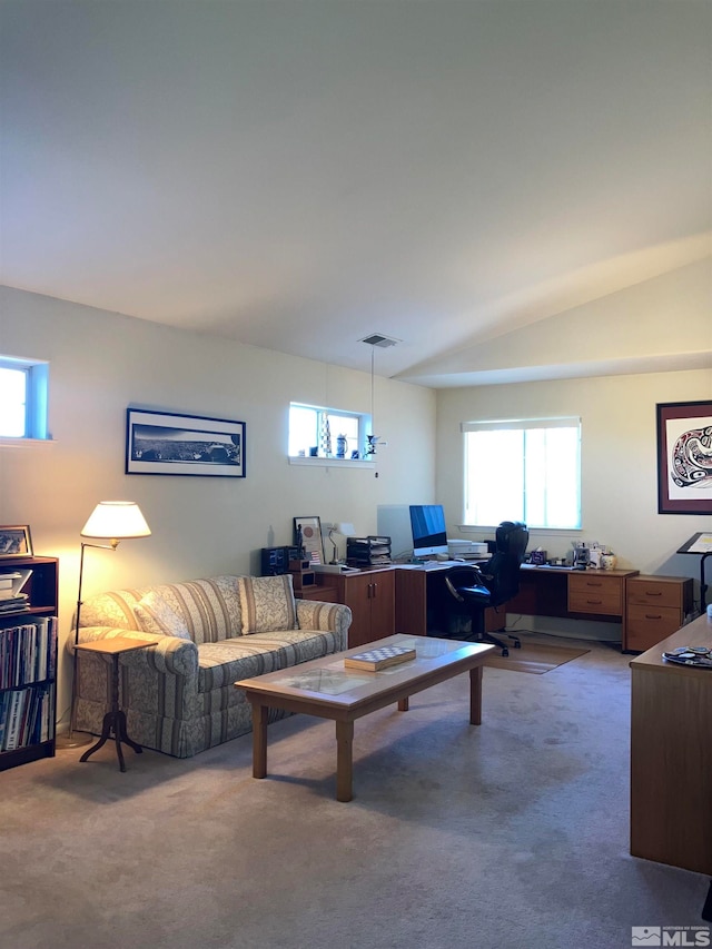 carpeted living room with vaulted ceiling