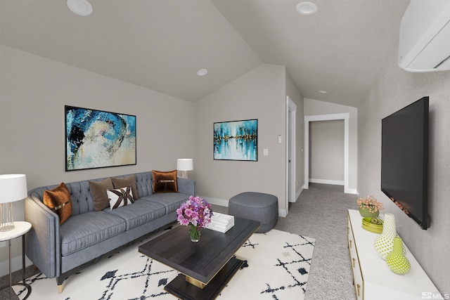 carpeted living room with lofted ceiling and a wall mounted air conditioner