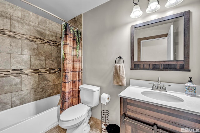 full bathroom featuring tile patterned flooring, shower / tub combo, vanity, and toilet