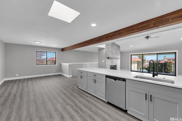 kitchen featuring dishwasher, a healthy amount of sunlight, sink, and light hardwood / wood-style flooring