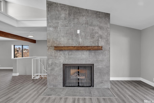 room details with hardwood / wood-style flooring and a fireplace