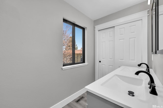 bathroom featuring wood-type flooring and vanity