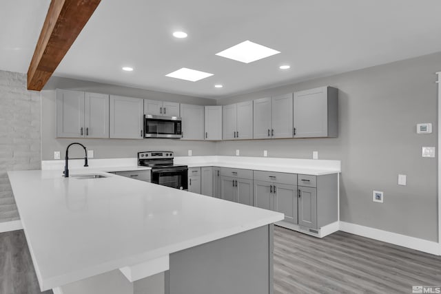 kitchen with sink, gray cabinets, beamed ceiling, kitchen peninsula, and stainless steel appliances