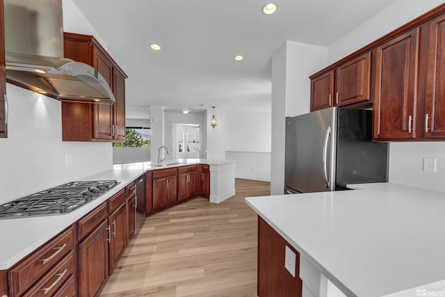 kitchen featuring kitchen peninsula, appliances with stainless steel finishes, light wood-type flooring, wall chimney exhaust hood, and sink