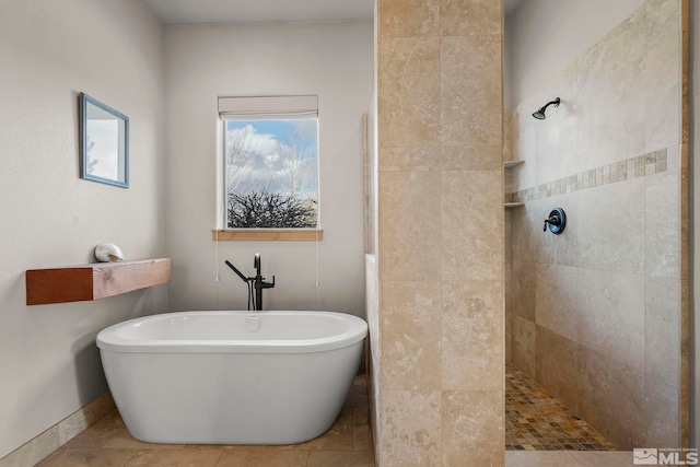 bathroom featuring tile patterned flooring and plus walk in shower