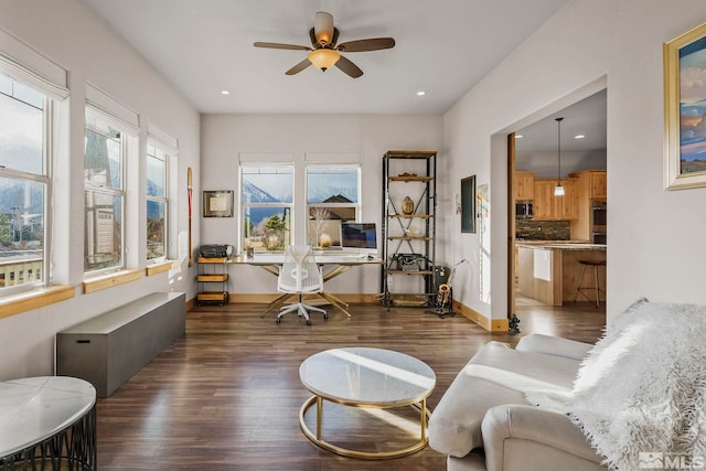 living room featuring dark hardwood / wood-style floors and ceiling fan