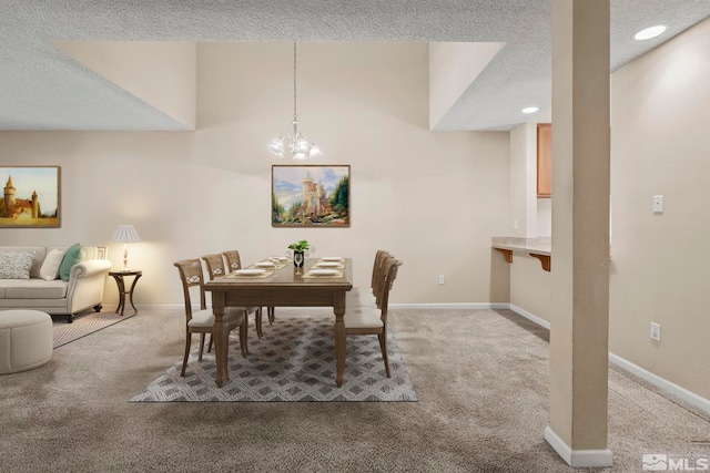 carpeted dining room with a textured ceiling and a notable chandelier