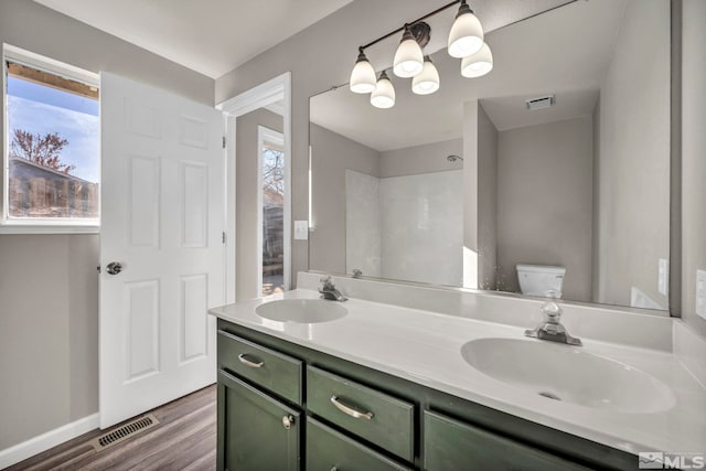 bathroom featuring vanity, toilet, and wood-type flooring