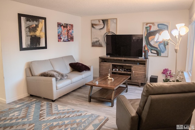 living room with hardwood / wood-style flooring and a textured ceiling