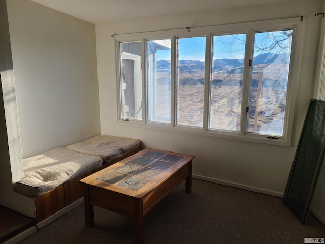 bedroom with dark colored carpet and a mountain view