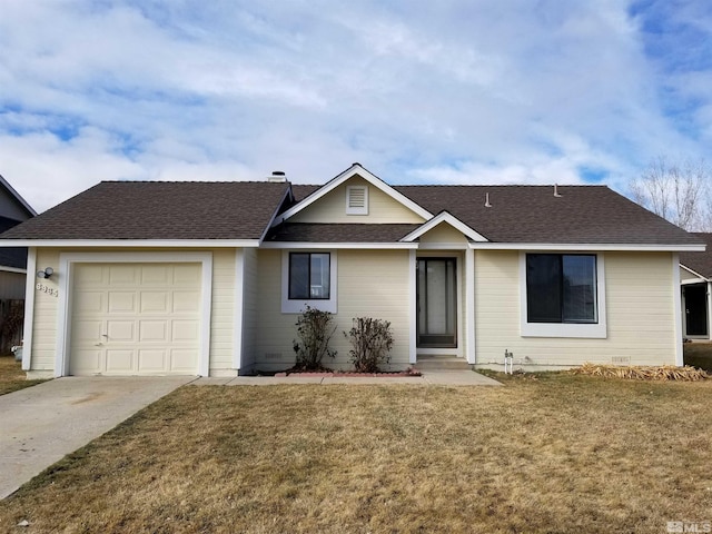 single story home featuring a garage and a front yard