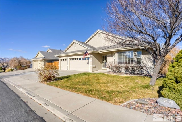 single story home with a garage and a front yard