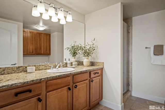 bathroom featuring tile patterned floors, vanity, and walk in shower