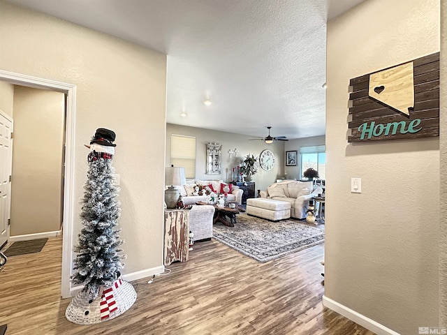 living room with wood-type flooring, a textured ceiling, and ceiling fan