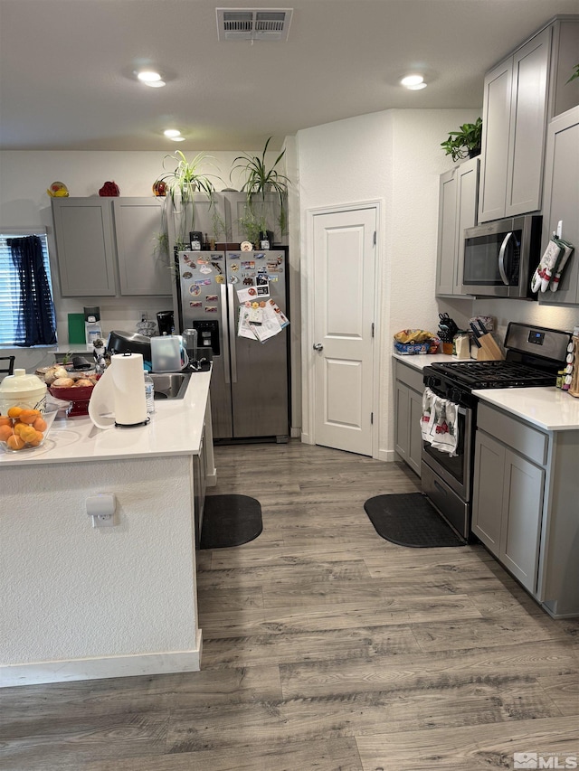 kitchen with gray cabinets, wood-type flooring, and appliances with stainless steel finishes