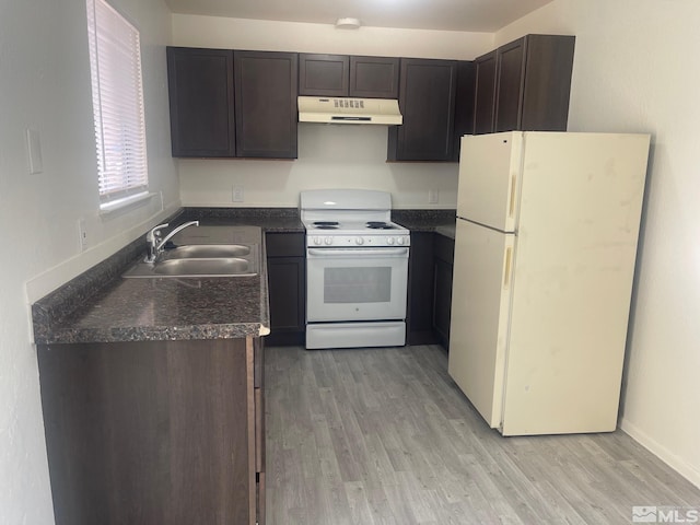 kitchen with dark brown cabinets, sink, white appliances, and light wood-type flooring