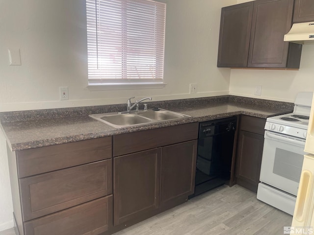 kitchen with dark brown cabinets, white range oven, sink, dishwasher, and light hardwood / wood-style floors