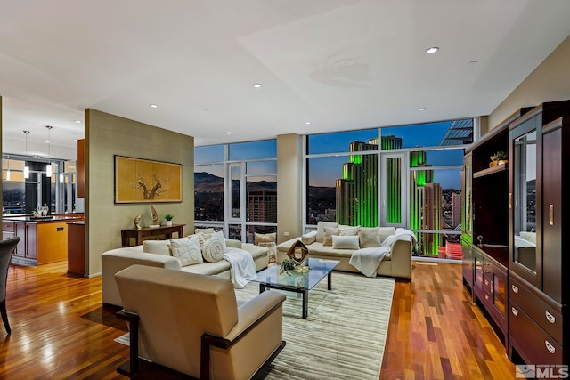 living room featuring expansive windows and wood-type flooring