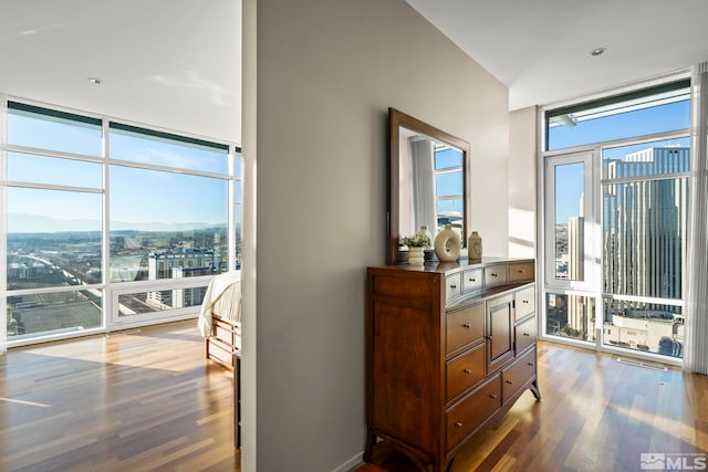 interior space with a mountain view, hardwood / wood-style floors, a healthy amount of sunlight, and a wall of windows