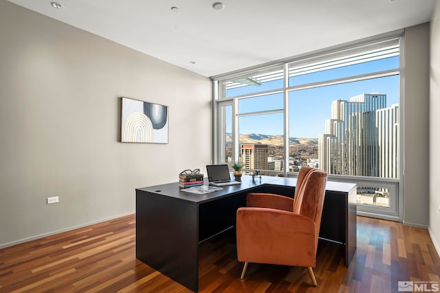 office with a mountain view, floor to ceiling windows, and dark wood-type flooring