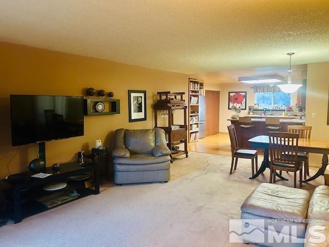 living room with carpet flooring and a textured ceiling