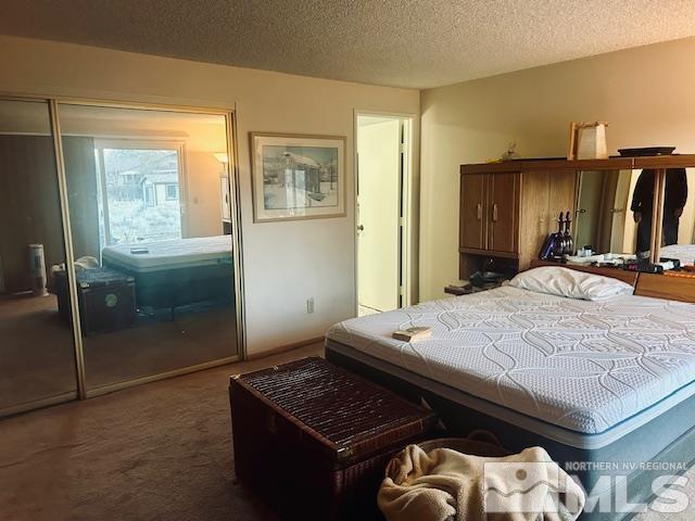 carpeted bedroom with a textured ceiling and a closet