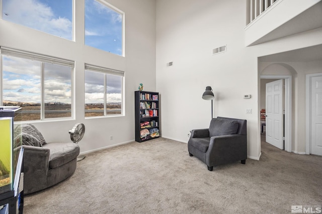 living area with light carpet and a high ceiling