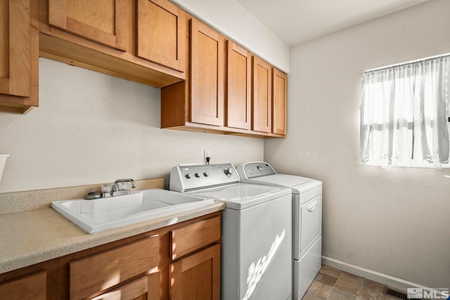 laundry area with cabinets, sink, and washing machine and clothes dryer