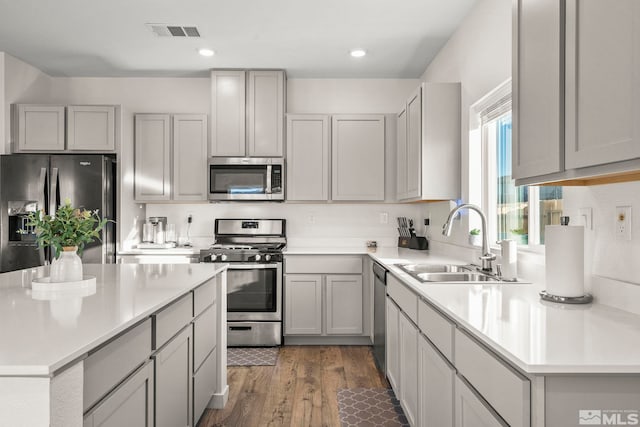 kitchen featuring sink, gray cabinets, stainless steel appliances, and dark hardwood / wood-style floors