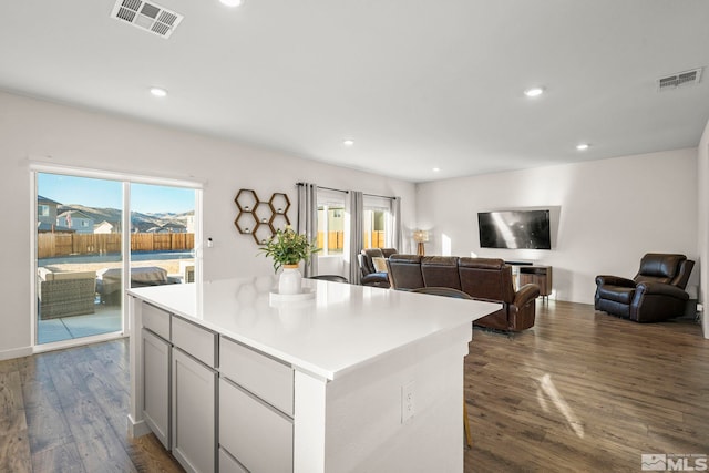 kitchen with dark wood-type flooring, a kitchen island, and gray cabinetry