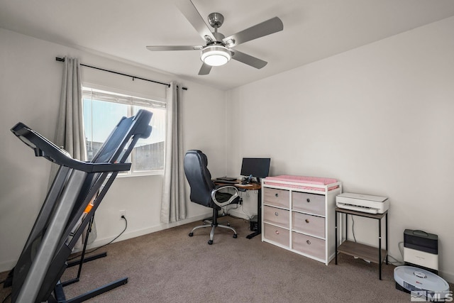 office with ceiling fan and carpet flooring