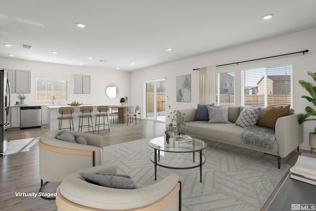 living room featuring sink and light hardwood / wood-style floors