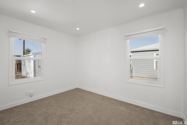 carpeted empty room with plenty of natural light and crown molding